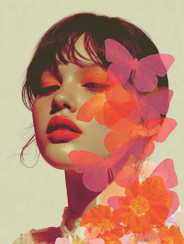 Vogue Portrait Asian Woman Butterfly Lips