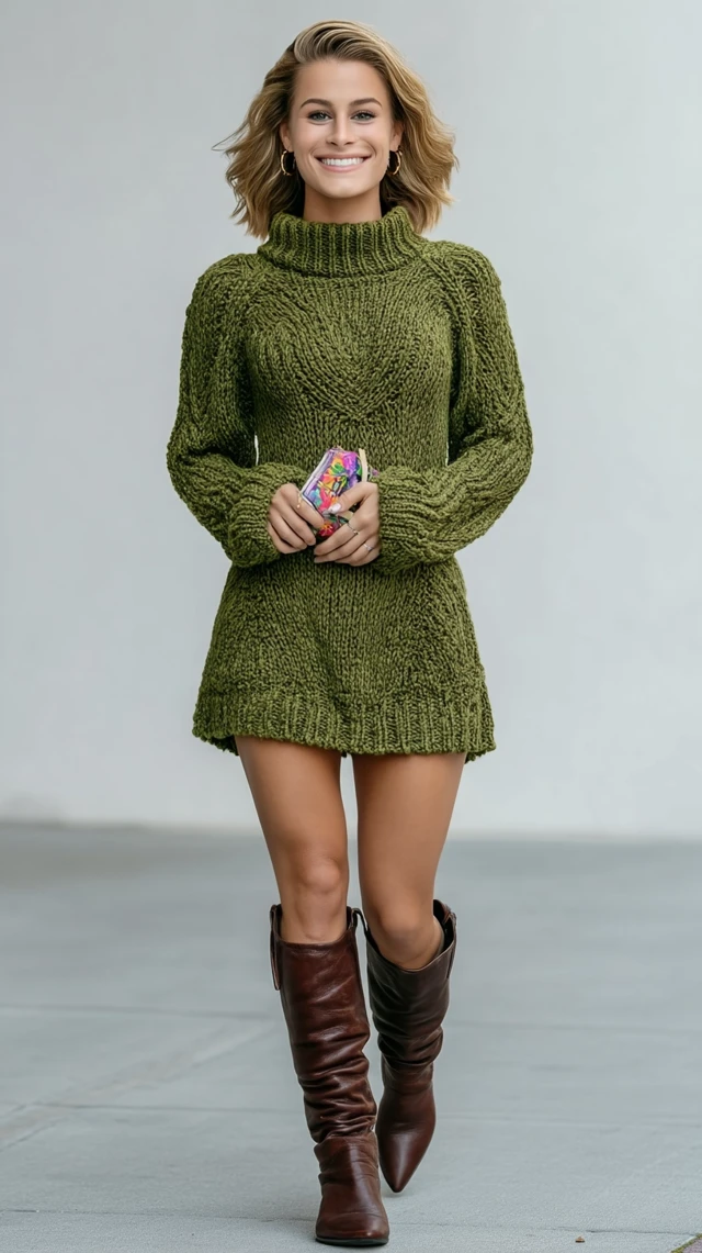 Fashionable Blonde Model in Sweater Dress Boots