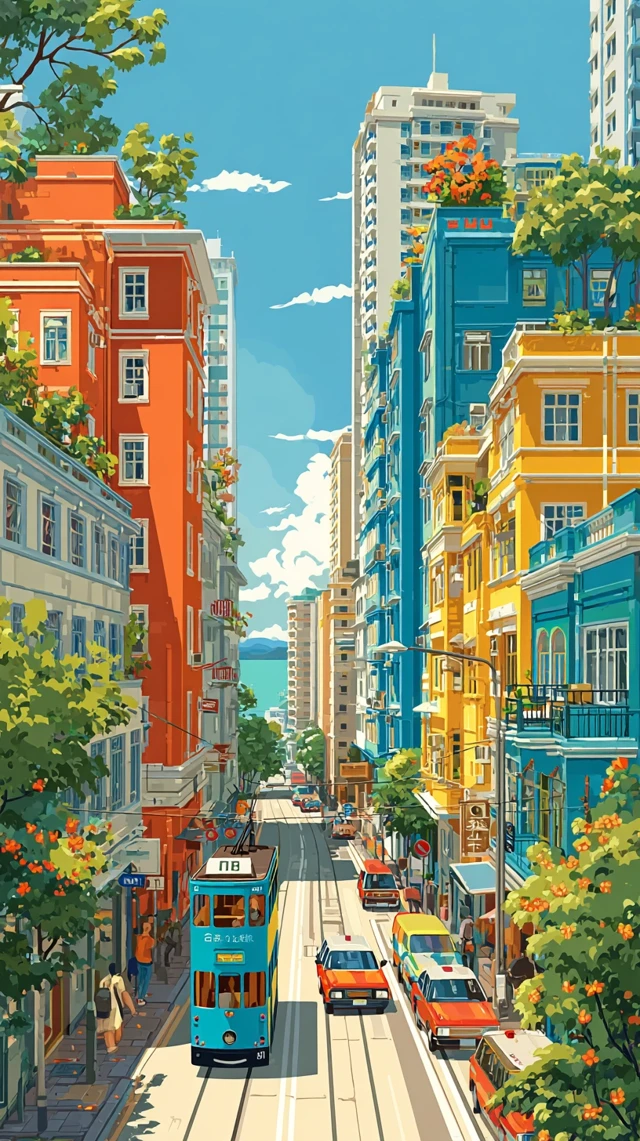 Hong Kong Cityscape: Vibrant Cartoon Illustration