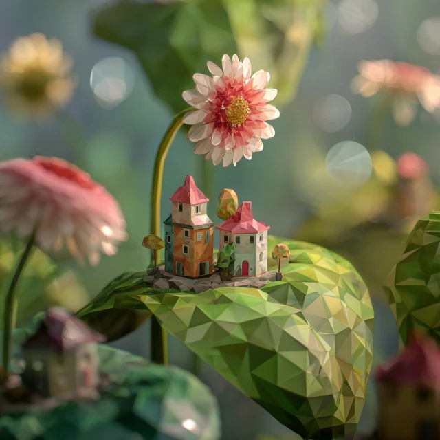 Low Poly Village on a Flower Petal 3D Art