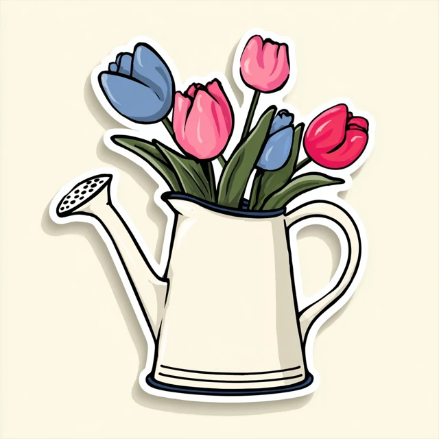 Cute Watering Can with Tulips Vector Sticker