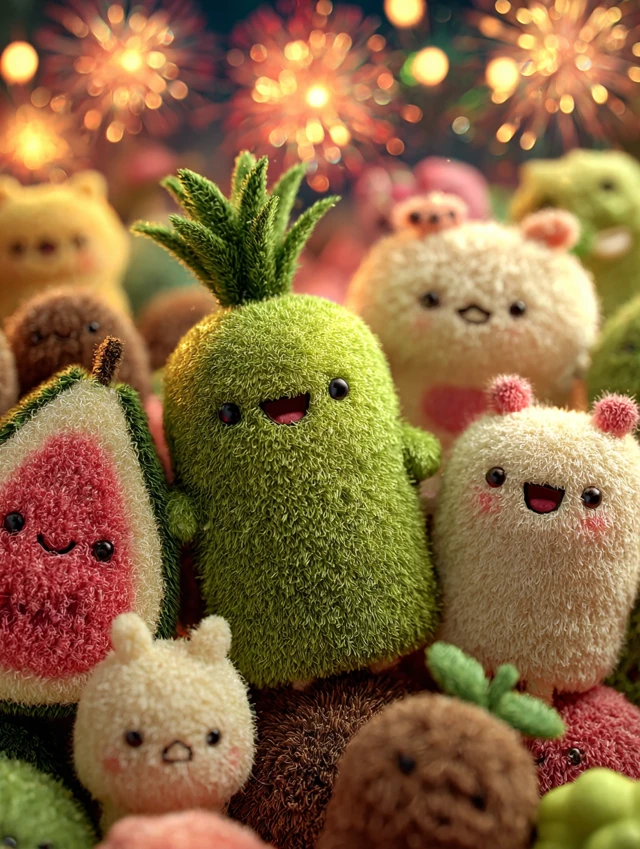 Cute Plush Fruit Toys Fantasy Scene 3D Rendering