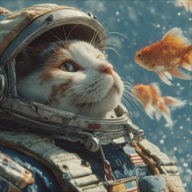 Astronaut Cat in Space with Goldfish Cyberpunk Art