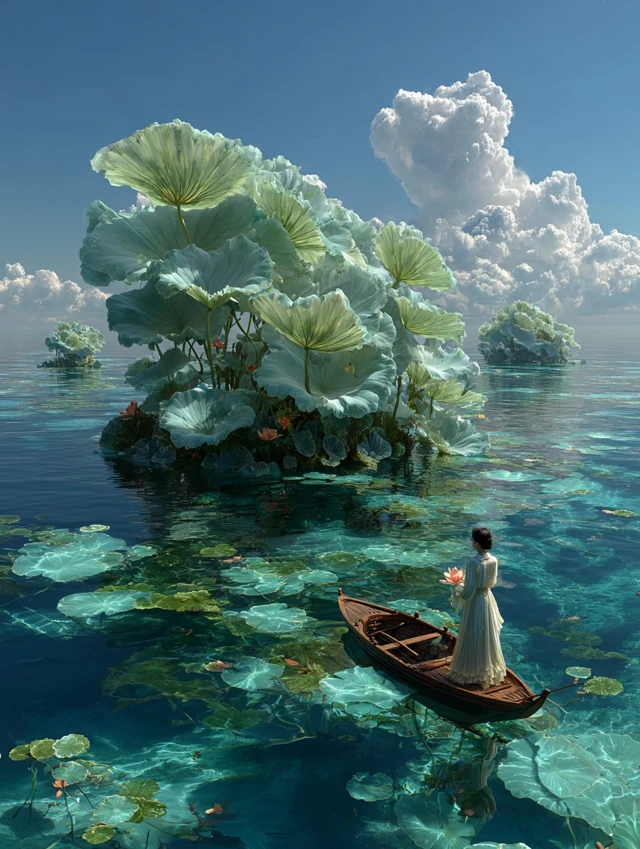 Surreal Island of Lotus Flowers Woman in Boat