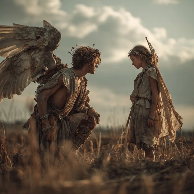 Angels in Field Young and Old with Wings