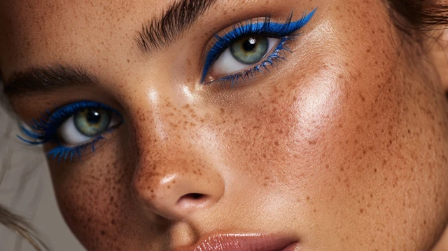 Freckled Model Electric Blue Eyeliner Beauty Closeup