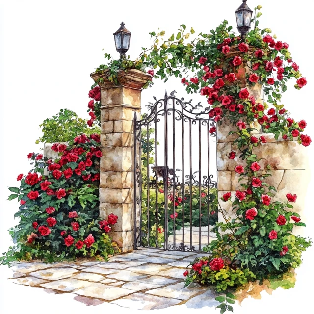 Watercolor Garden Gate with Red Flowers