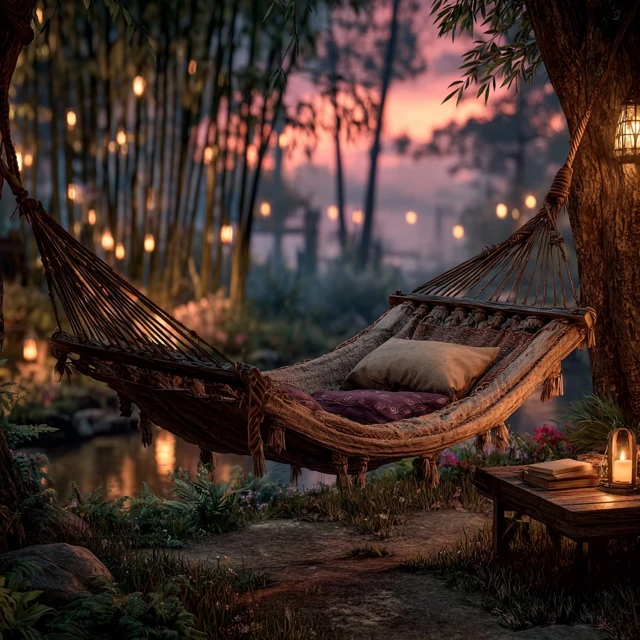 Tranquil Backyard Oasis Hammock at Dusk