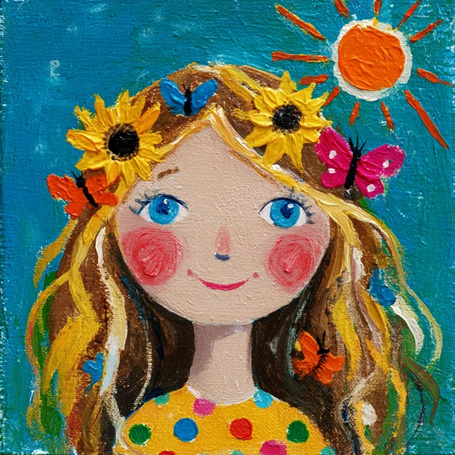 Cheerful Summer Girl Gouache Portrait Childlike Art