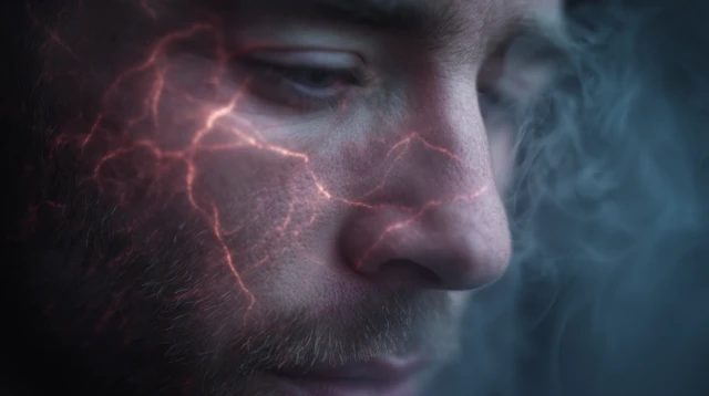 Surreal Man Exhales Mist with Glowing Nerves