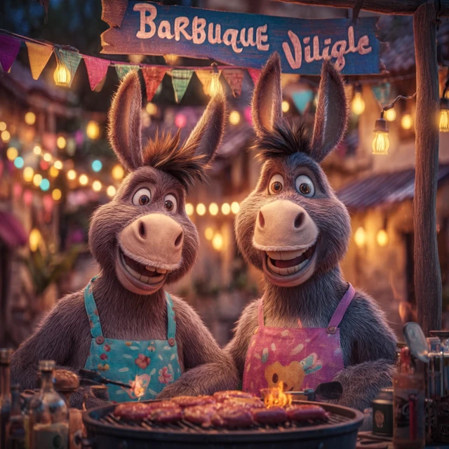 Donkeys Grilling at a Barbecue in Disney Pixar Style