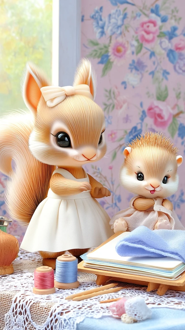 Cute Squirrels and Hedgehog in a Sewing Shop