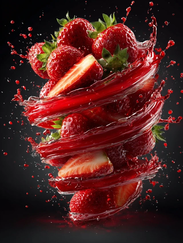 Strawberry Tornado: Juicy Fruit Splash on Black
