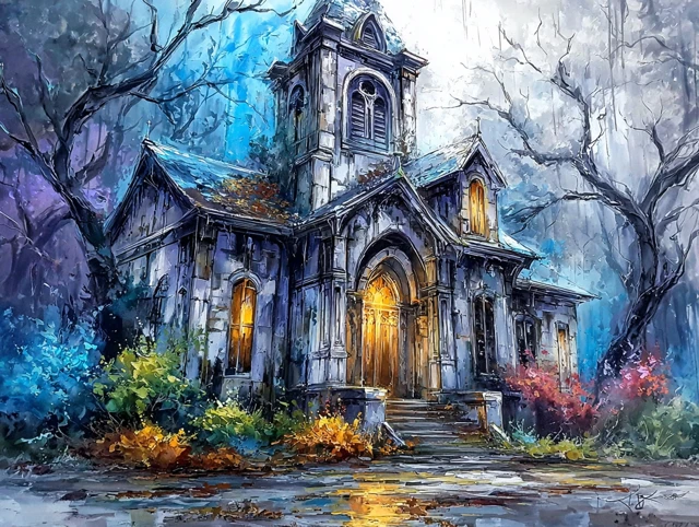 Haunted Church Spooky Gothic Painting