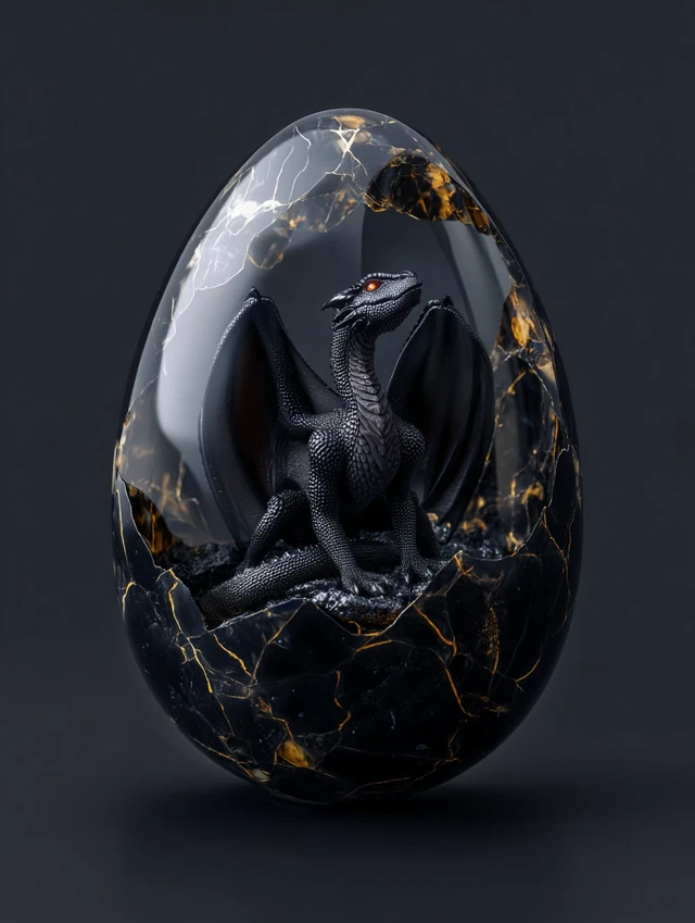Black Dragon in Obsidian Crystal Egg
