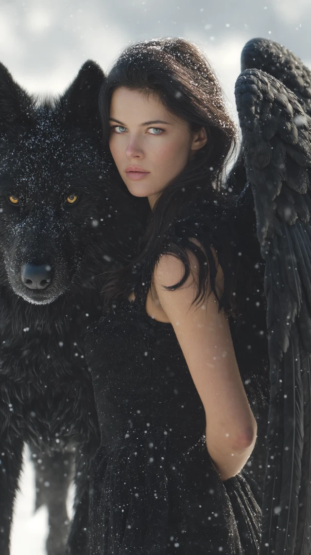 Woman with Angel Wings and a Black Wolf