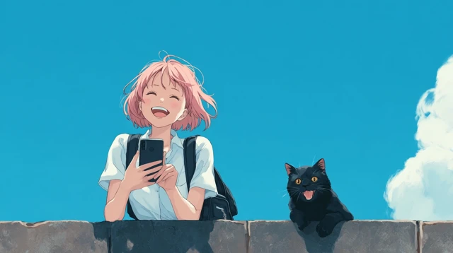 Anime Girl Cat Smartphone Summer Sky