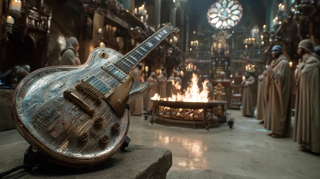 Burning Guitar in Church Eerie Dramatic Scene