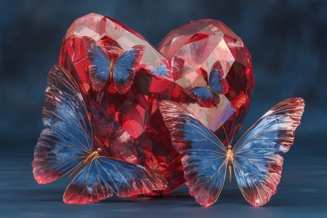 Crystal Butterflies Around Ruby Heart 3D Rendered