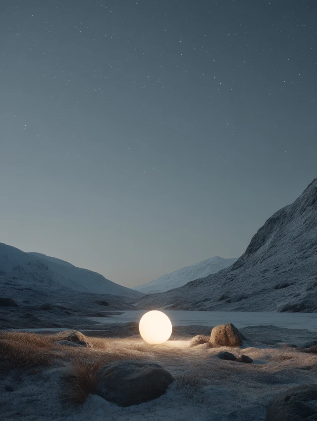 Illuminated Sphere in Snowy Nordic Landscape