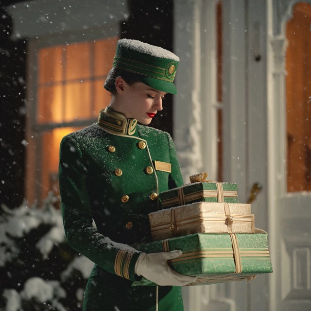 Concierge with Gifts in Winter Scene