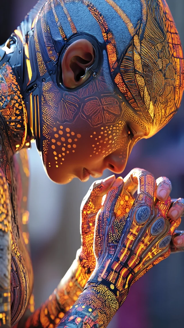 Futuristic Monk Tattoo Artist - UV Ink and Robotic Arms