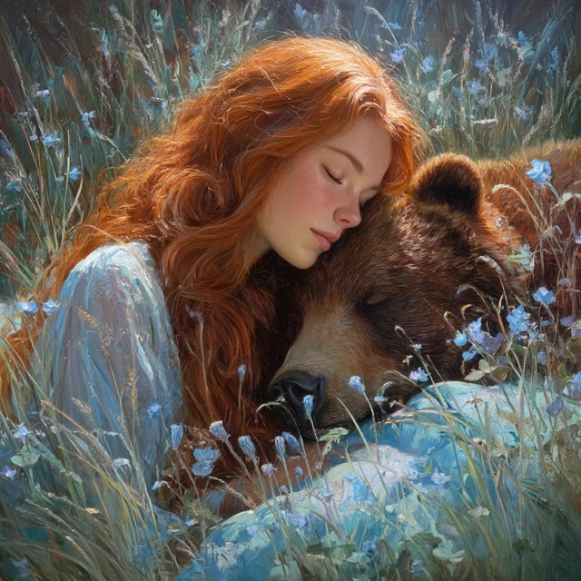 Fantasy Woman and Bear Meadow Painting