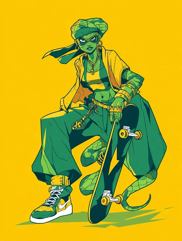 Snake Woman Skater Illustration Vibrant Colors