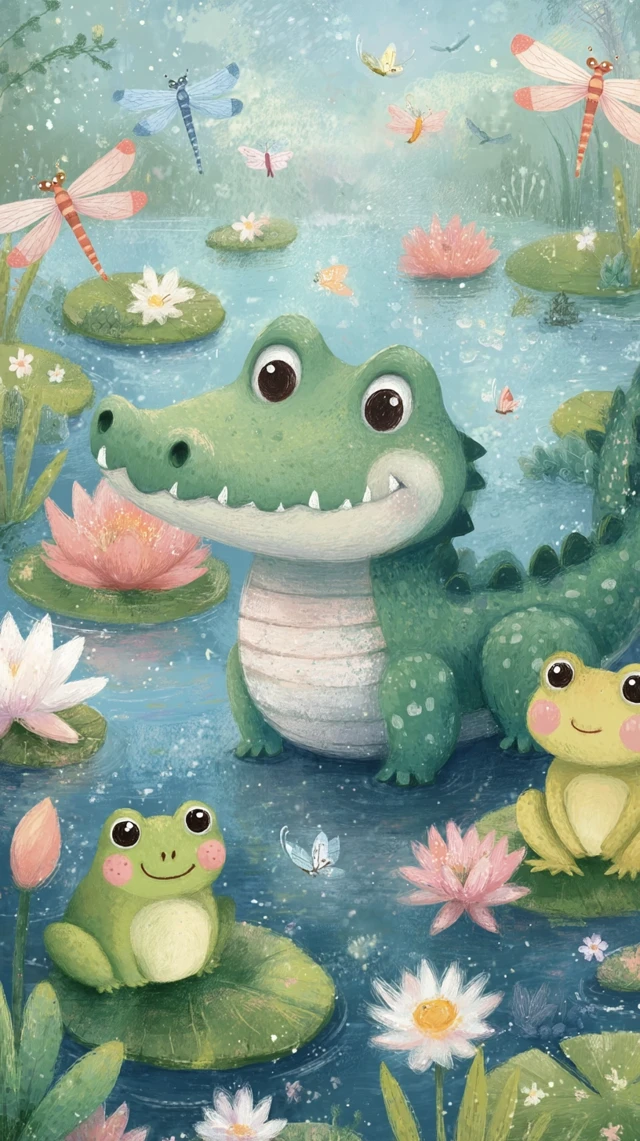 Whimsical Swamp Illustration Alligator Dragonflies Frogs