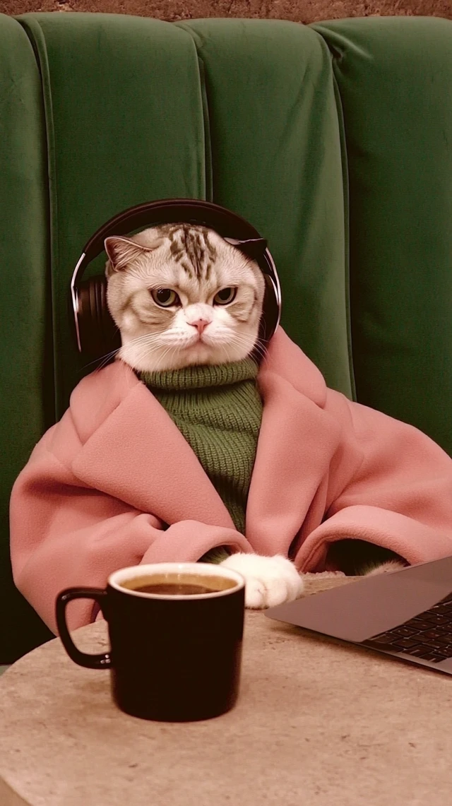 Cute Cat Relaxing with Coffee and Laptop
