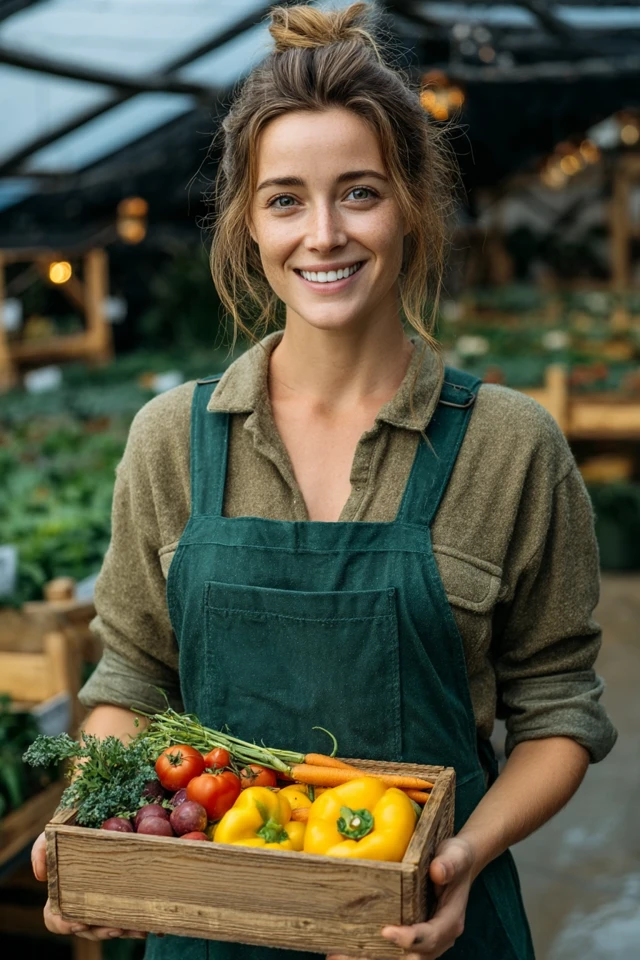 Happy Woman Gardener with Fresh Vegetables