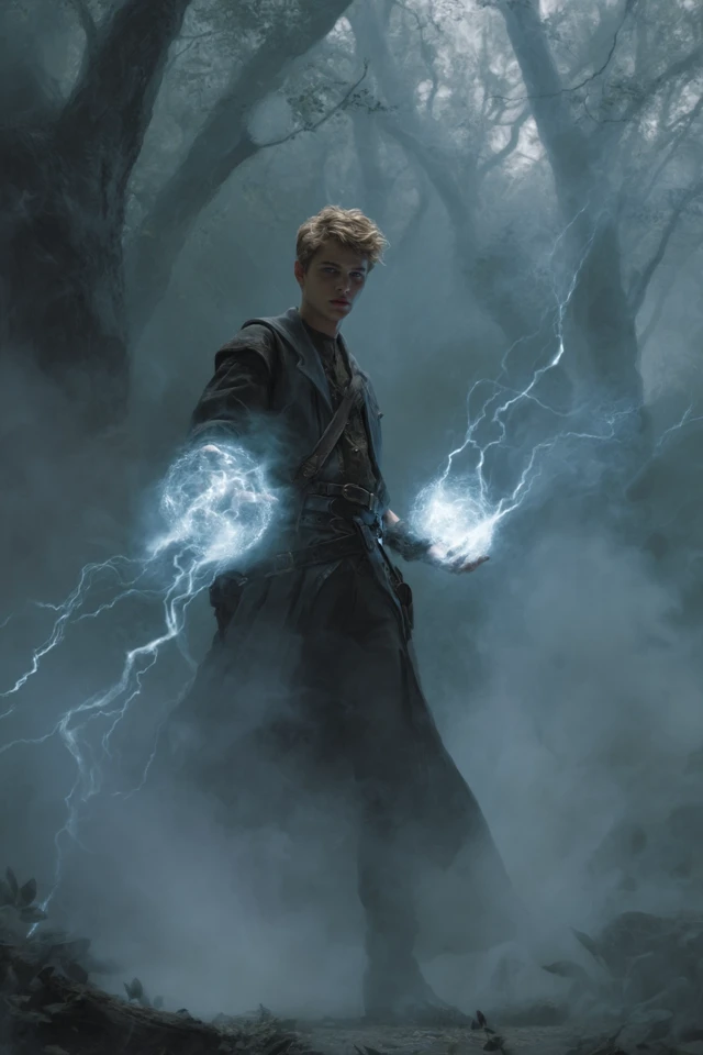 Young Mage in Dark Forest Casting Lightning