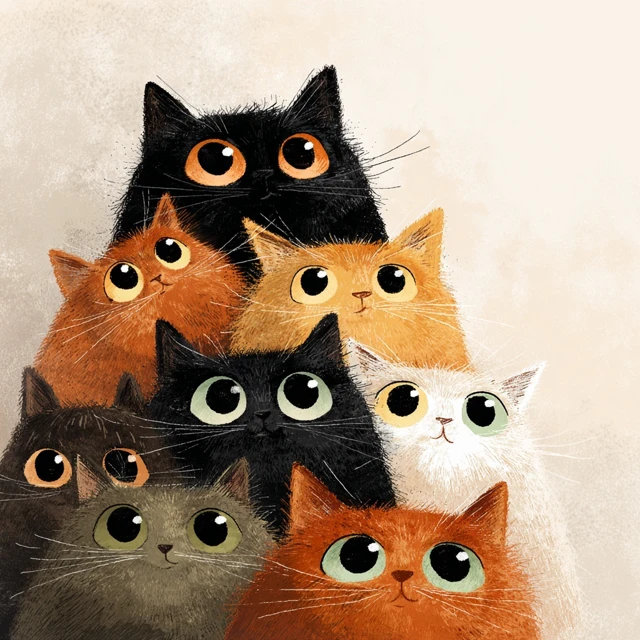 Cute Cats Illustration Colorful Eyes Stacked Up