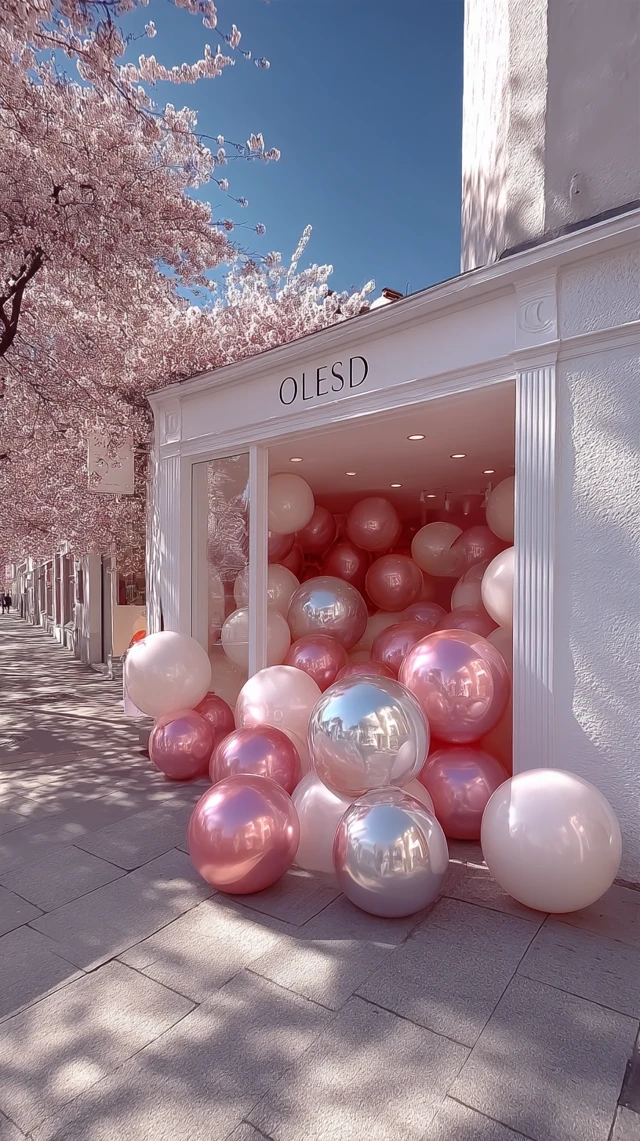 Storefront with Balloons and Cherry Blossoms