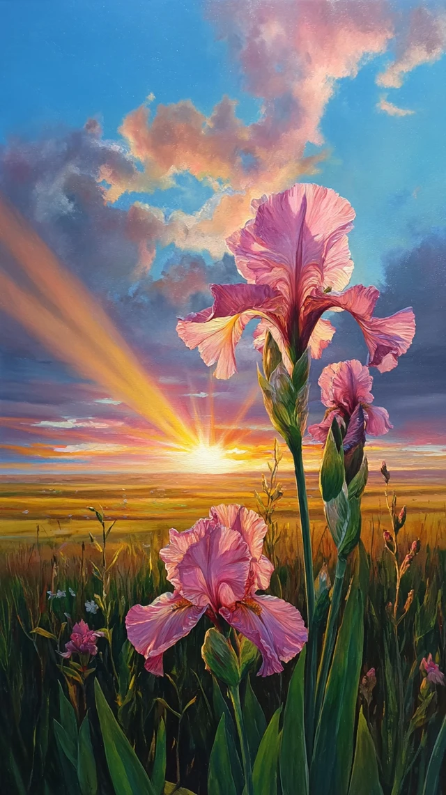 Sunset Iris Field Painting Nature Art
