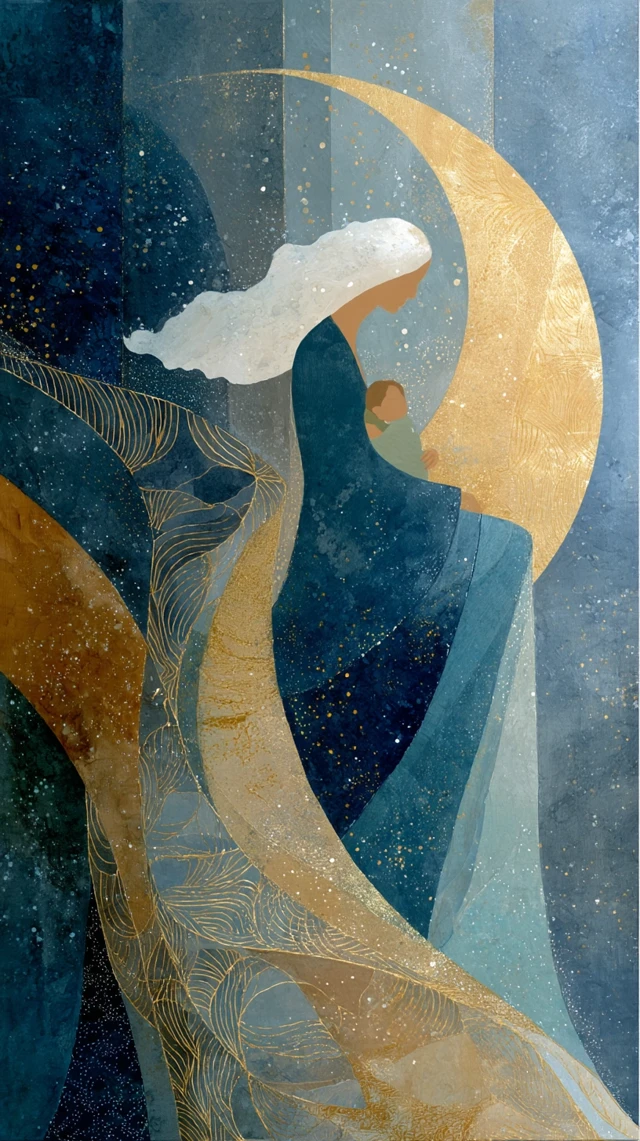 Mother and Baby on Crescent Moon Acrylic Painting