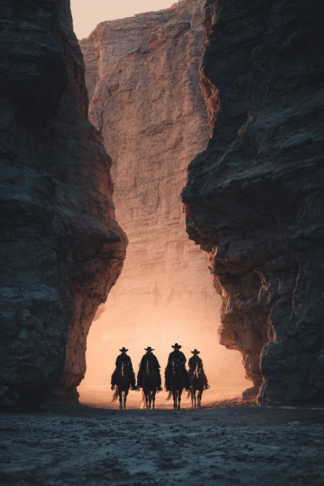 Wild West Horsemen in a Canyon Sunset