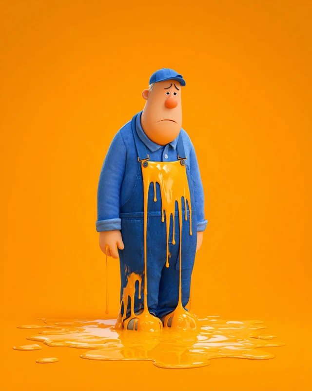 Pixar 3D Character Melting Down on Orange Background