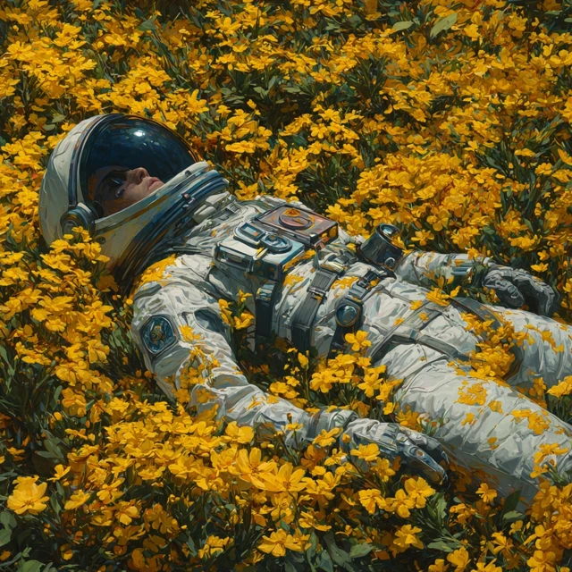 Astronaut in Yellow Flowers Artistic Hyperrealistic