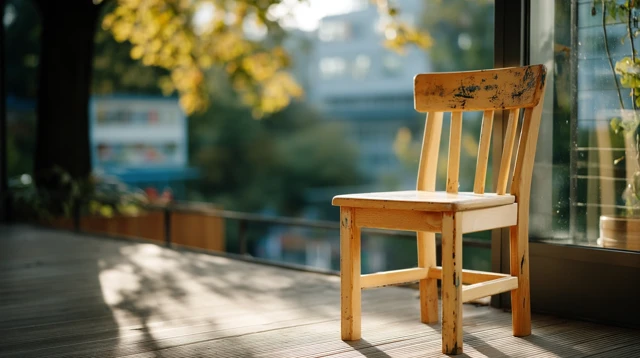 Childs School Chair with Scratches and Classroom Lights