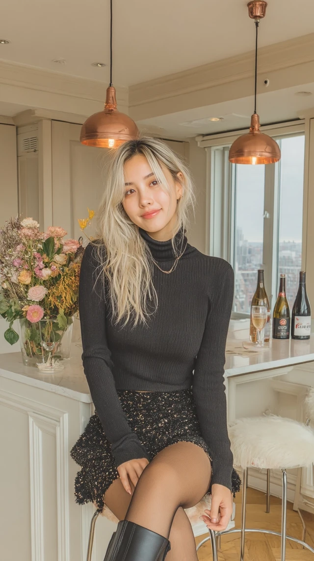 Elegant Asian Woman in Modern Kitchen with Champagne