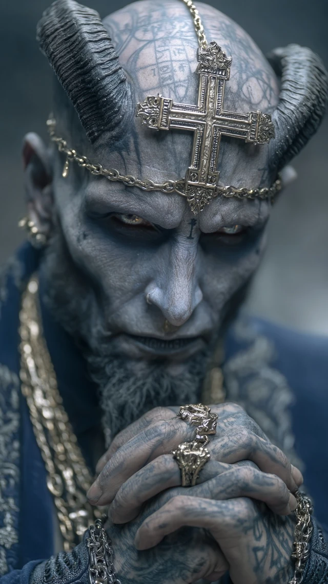 Sinister Priest Portrait with Tattoos and Horns