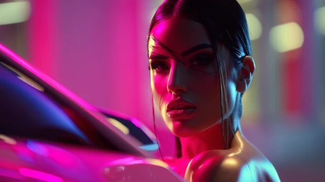 Iranian Woman in Lamborghini at Night Neon Lights