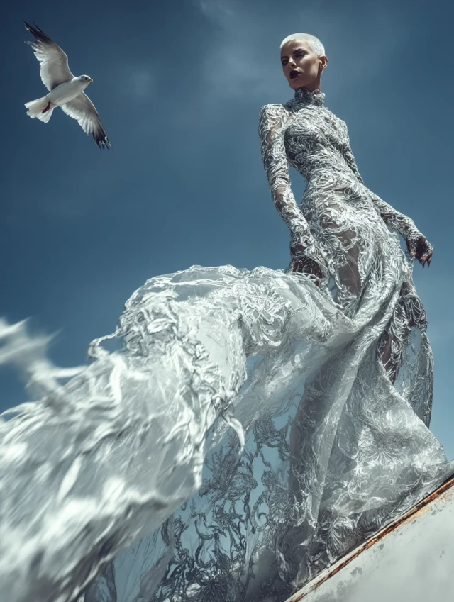 Fashion Editorial Model in Lace Dress with Bird