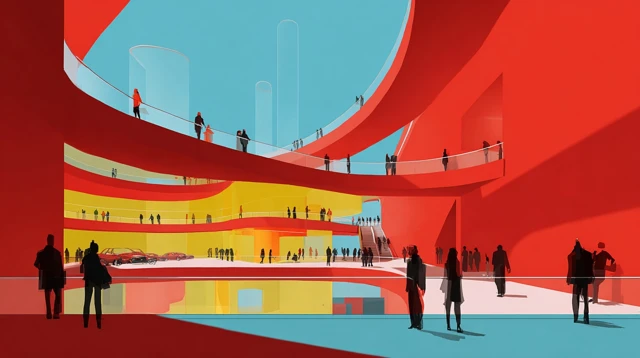 Abstract Shopping Mall Illustration Red Blue Yellow