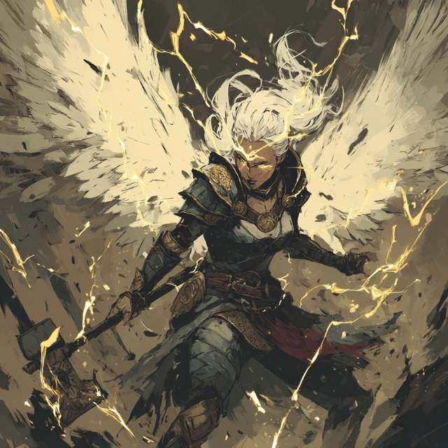 Fantasy Angel Woman with Lightning and Mace Battle Art