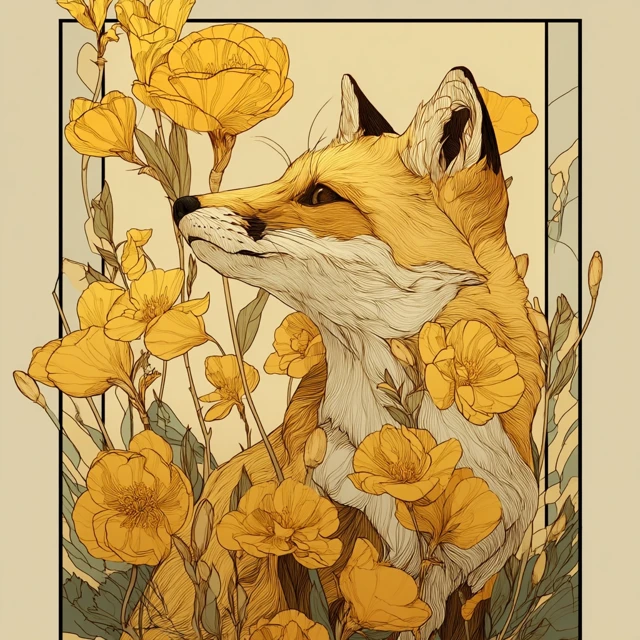 Japanese Fox with Yellow Flowers Art