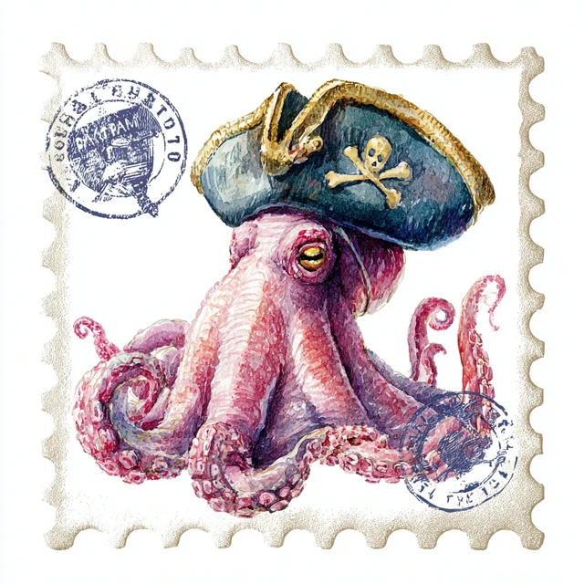 Watercolor Octopus Pirate Stamp Clipart