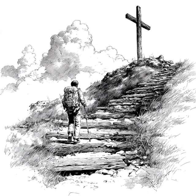 Man Hiking to Cross Dramatic Black and White Illustration