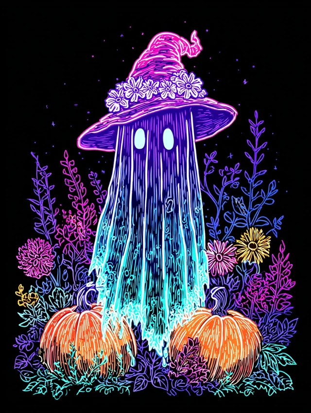 Neon Halloween Ghost with Witch Hat and Pumpkins